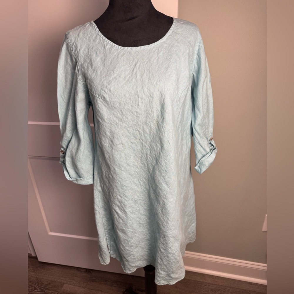 Kleen Light Blue Linen Tunic Dress 3/4 sleeves lagenlook fitted